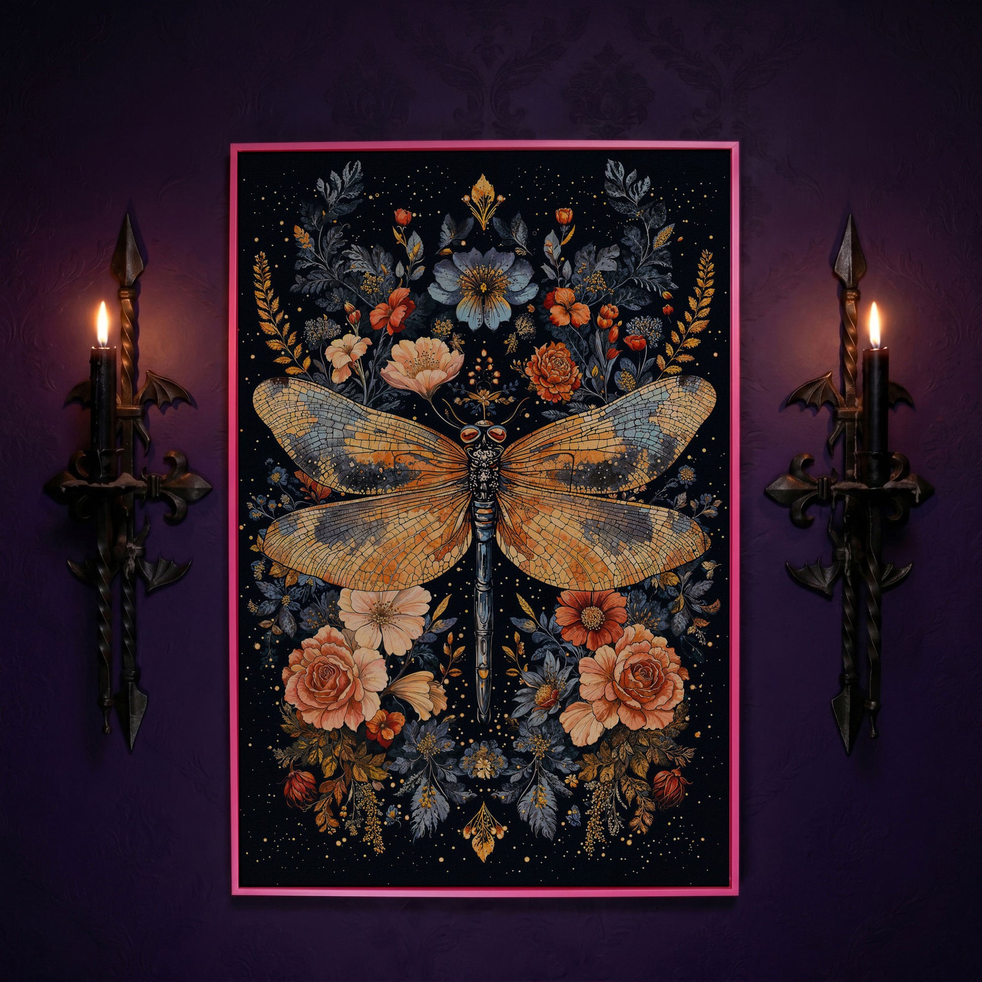 Dragonfly and Floral Botanical Canvas Art in pink floating frame