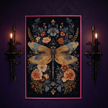 Dragonfly and Floral Botanical Canvas Art in pink floating frame