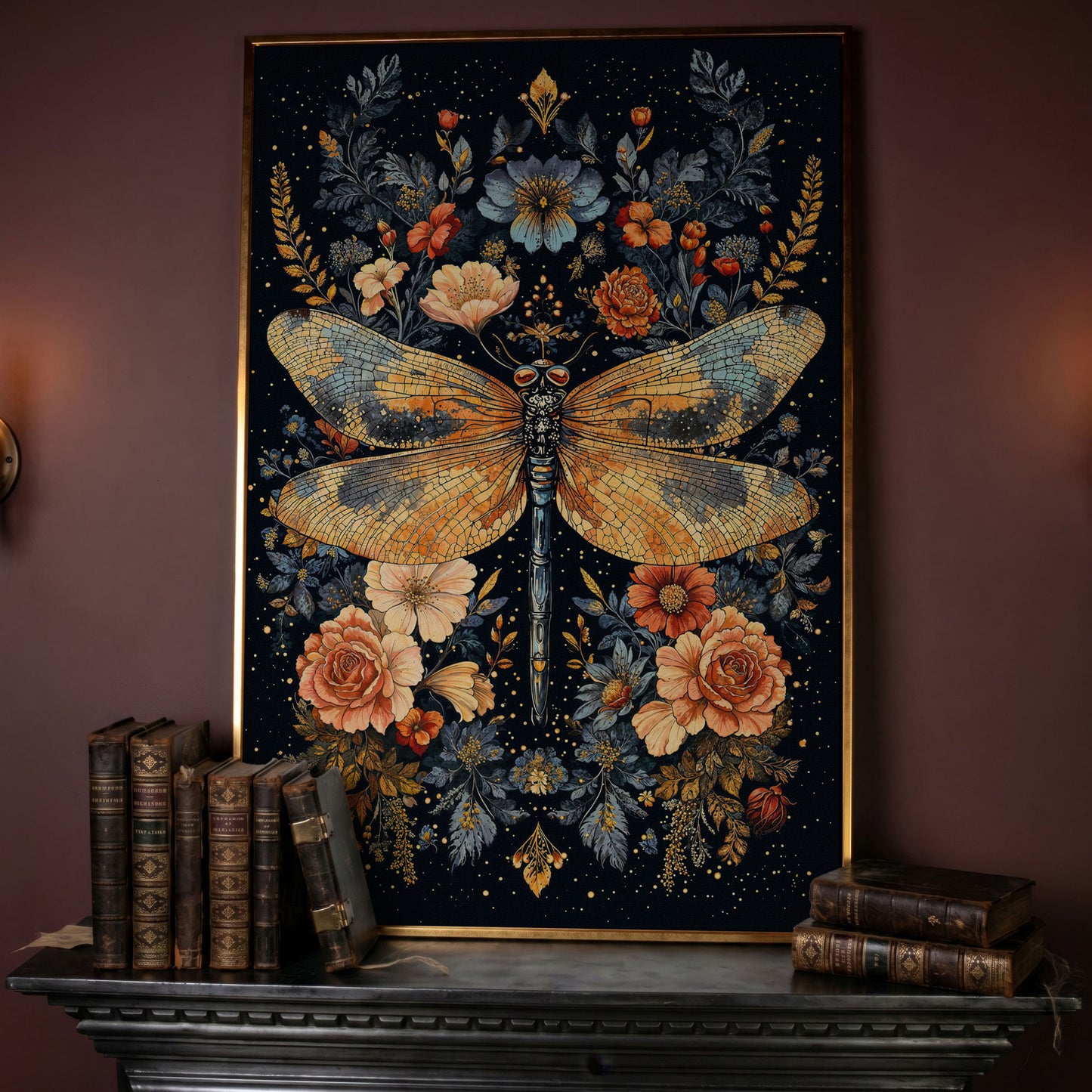 Dragonfly and Floral Botanical Canvas Art in rose gold floating frame