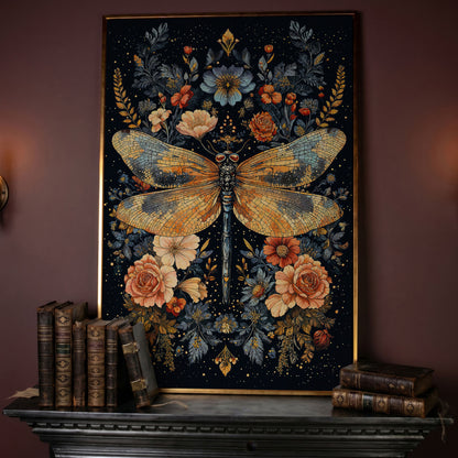 Dragonfly and Floral Botanical Canvas Art in rose gold floating frame