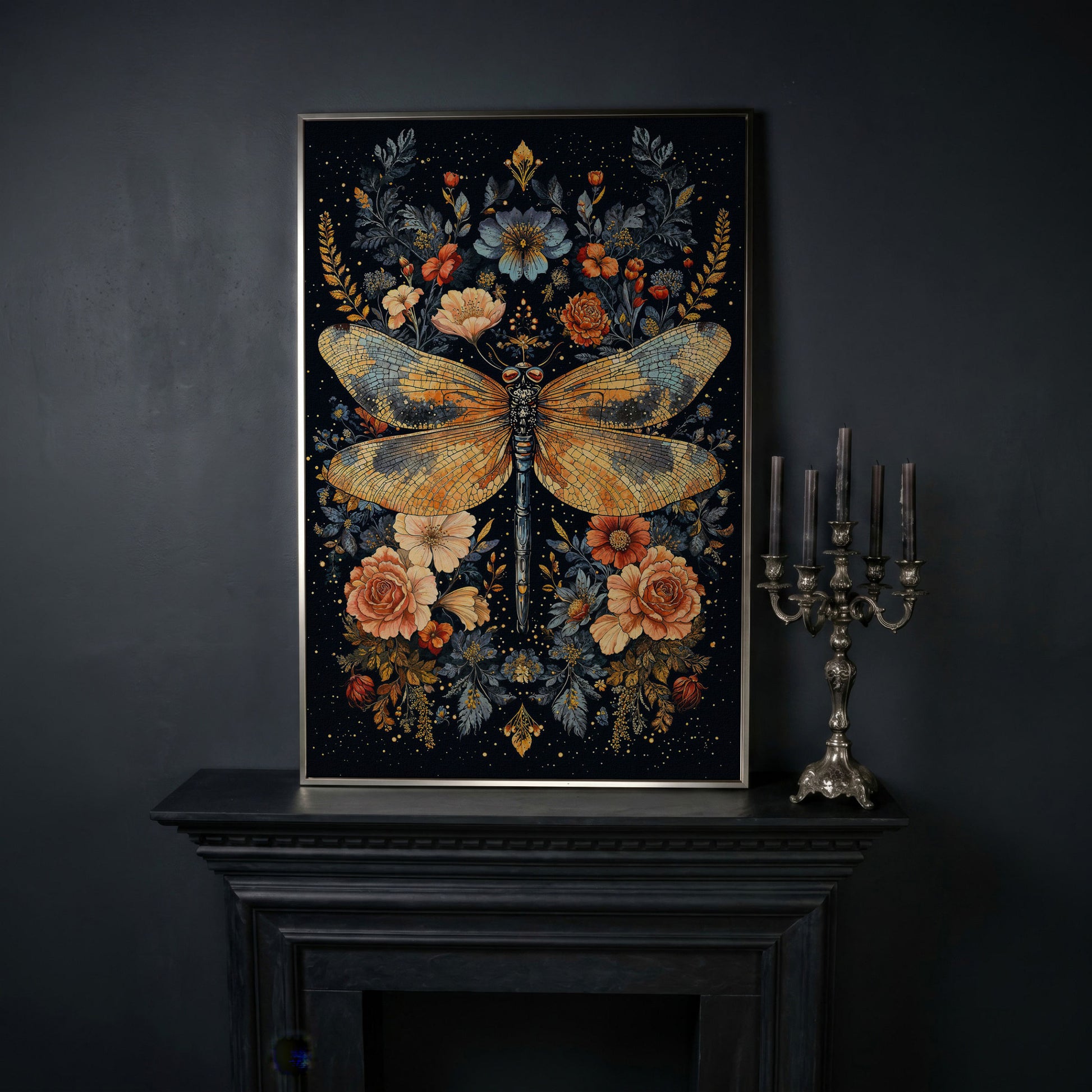Dragonfly and Floral Botanical Canvas Art in silver floating frame