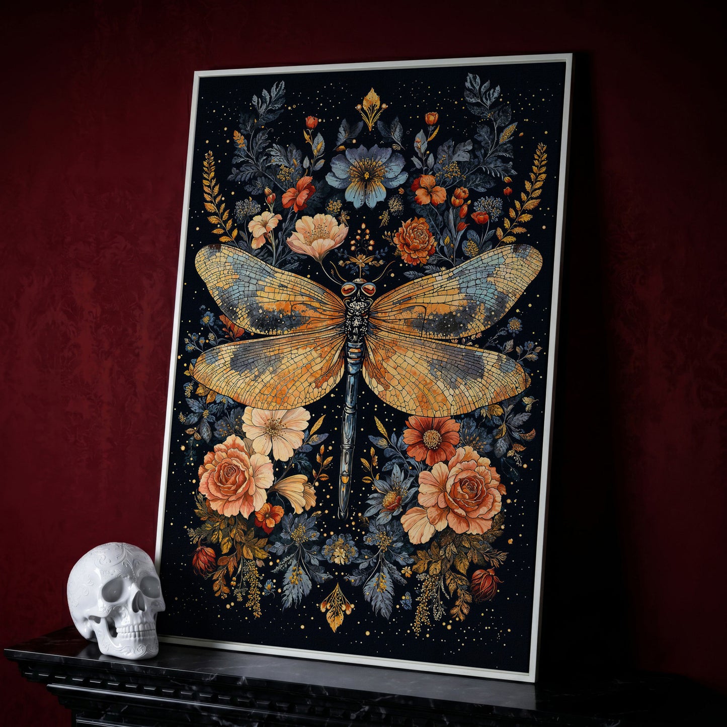 Dragonfly and Floral Botanical Canvas Art in white floating frame