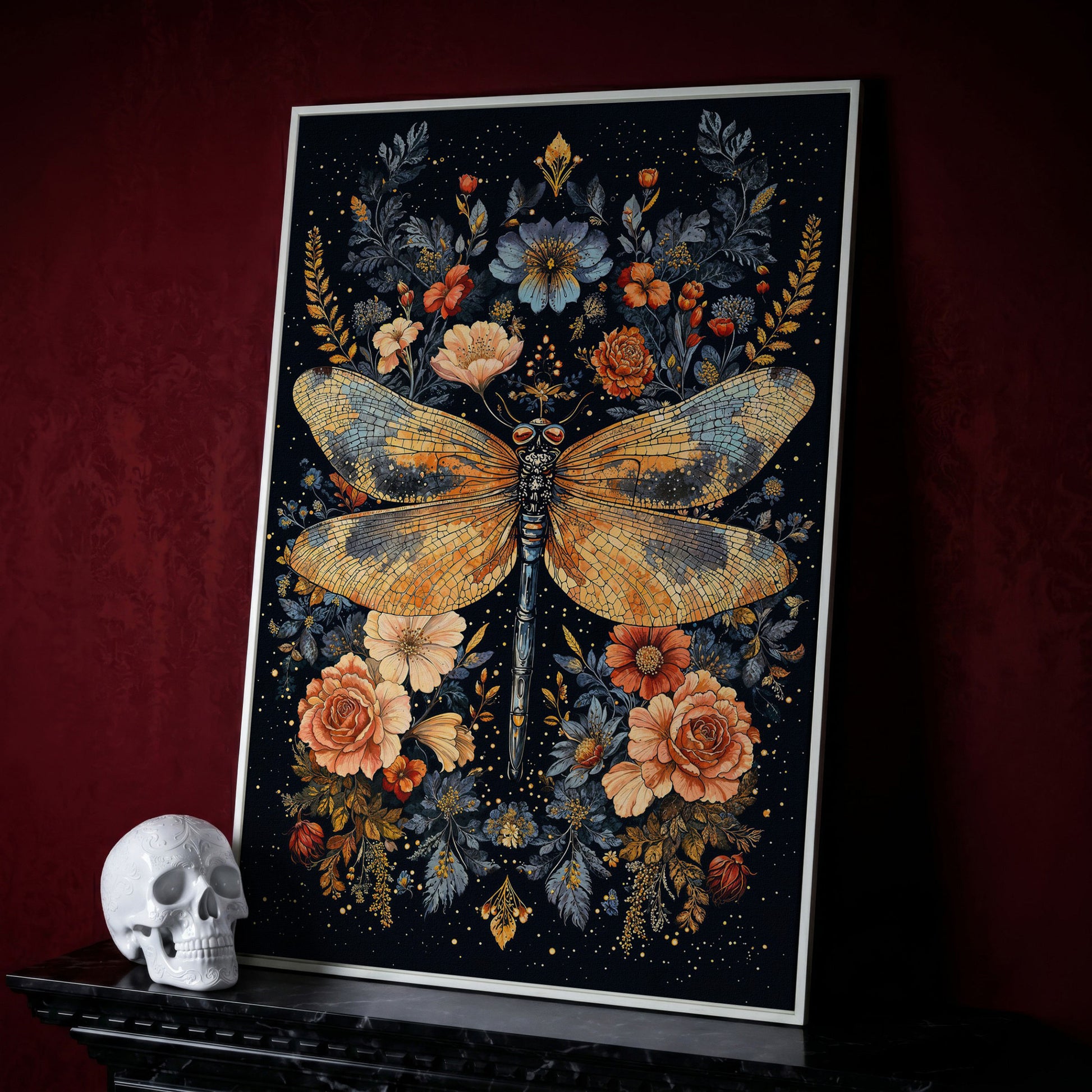 Dragonfly and Floral Botanical Canvas Art in white floating frame