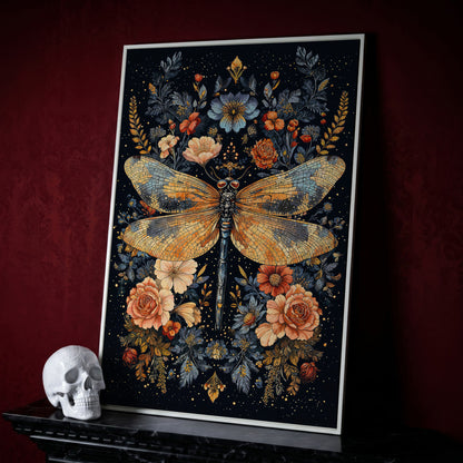 Dragonfly and Floral Botanical Canvas Art in white floating frame