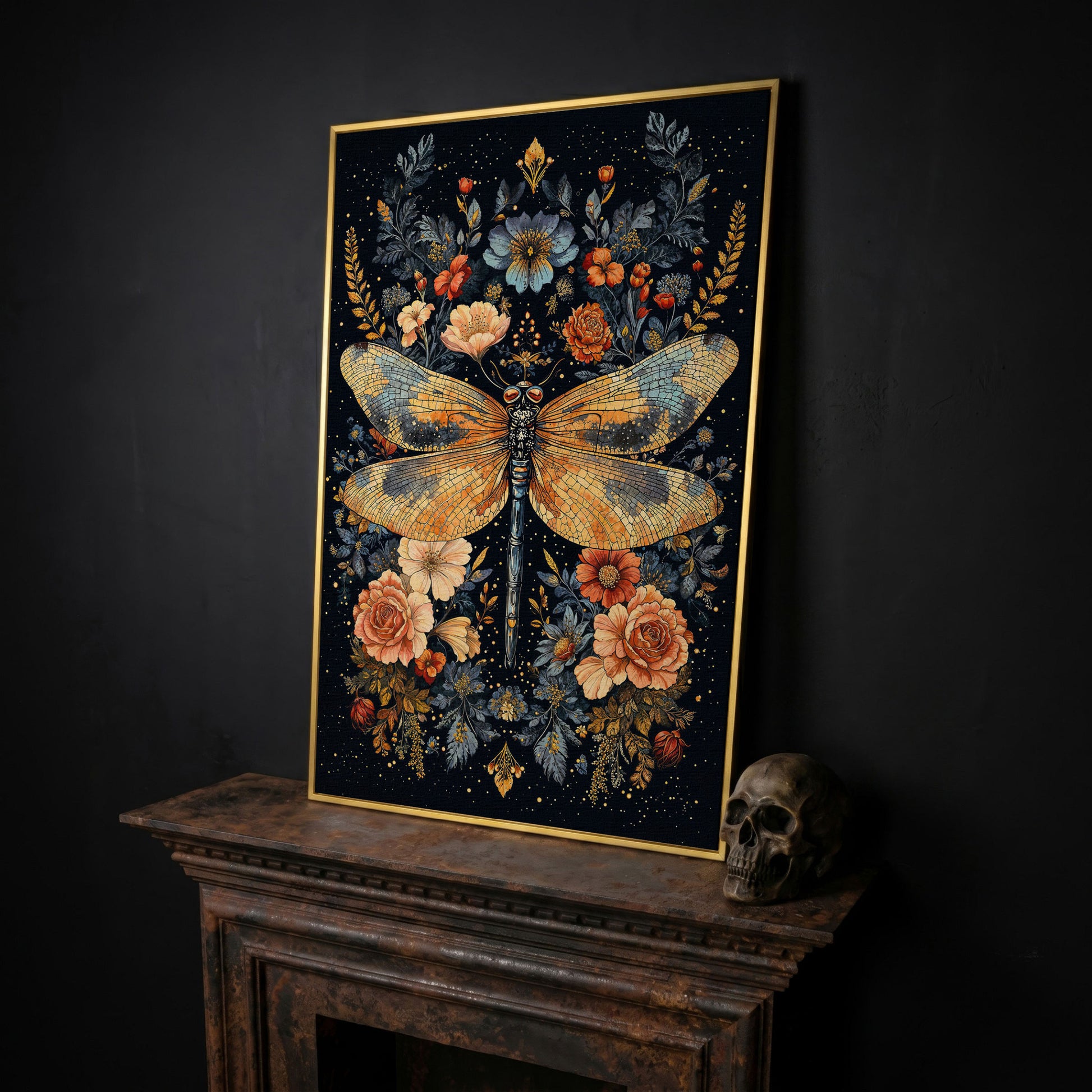 Dragonfly and Floral Botanical Canvas Art in yellow gold floating frame