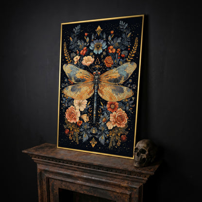 Dragonfly and Floral Botanical Canvas Art in yellow gold floating frame