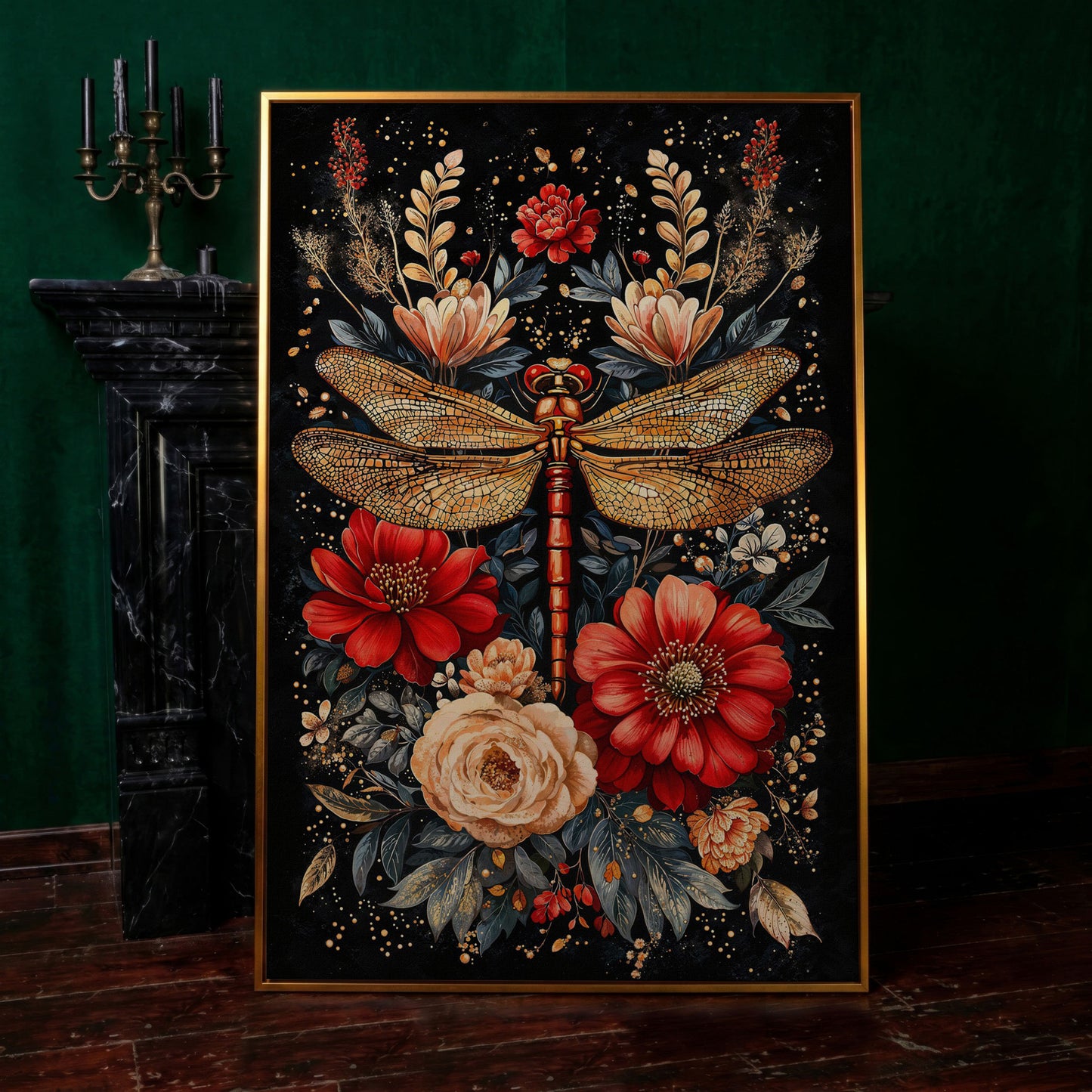Vibrant Floral and Dragonfly Botanical Canvas in antique gold floating frame