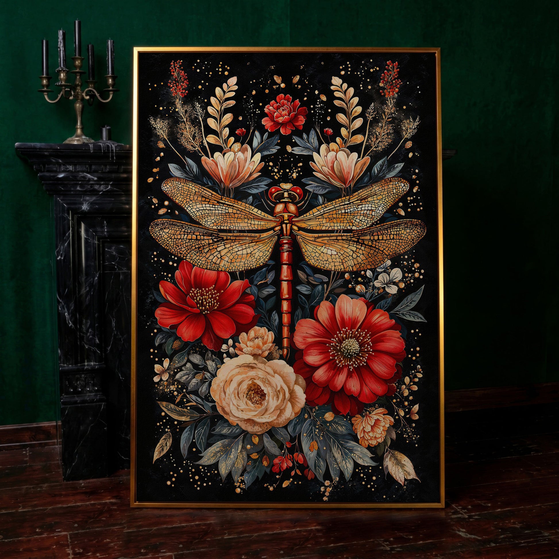 Vibrant Floral and Dragonfly Botanical Canvas in antique gold floating frame