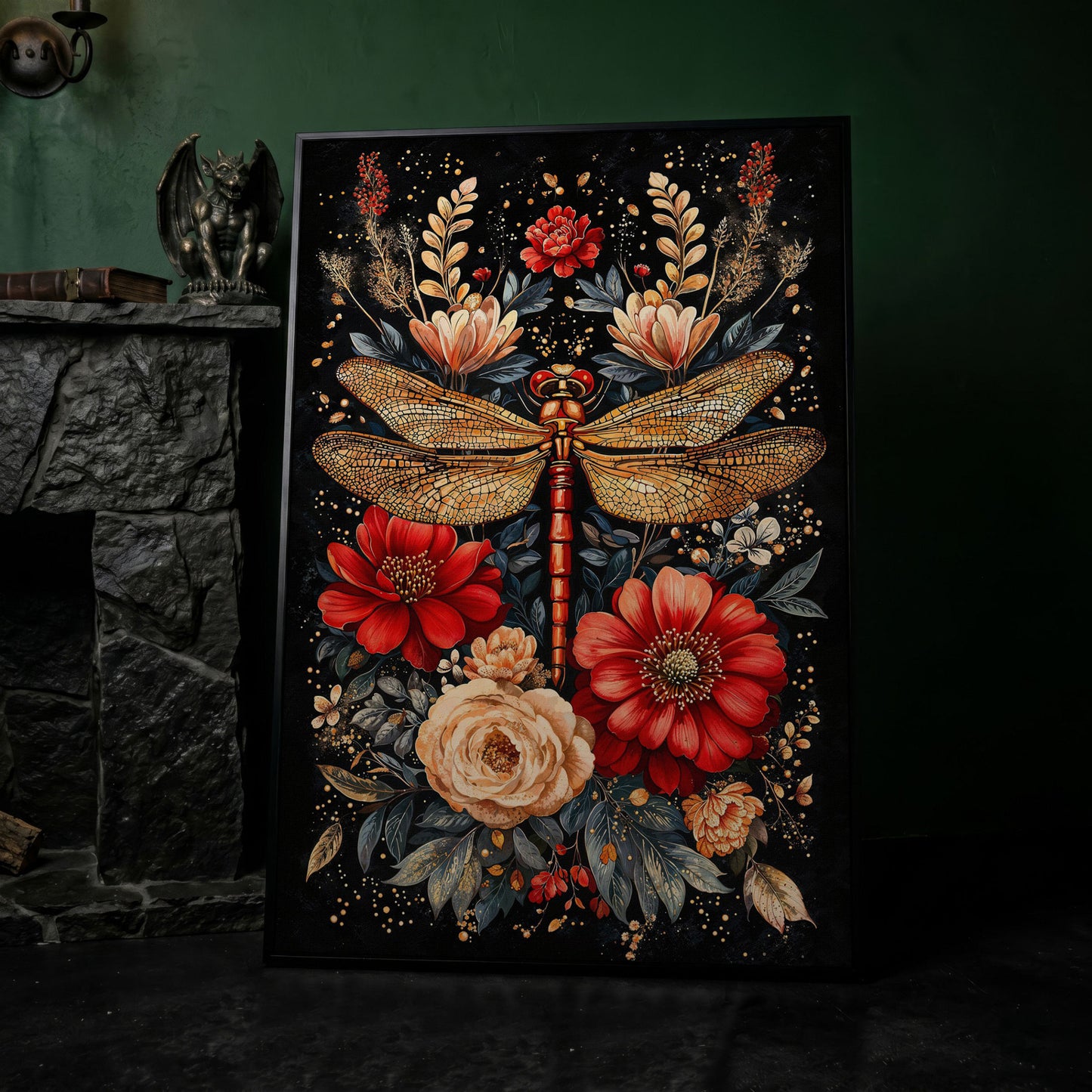 Vibrant Floral and Dragonfly Botanical Canvas in black floating frame