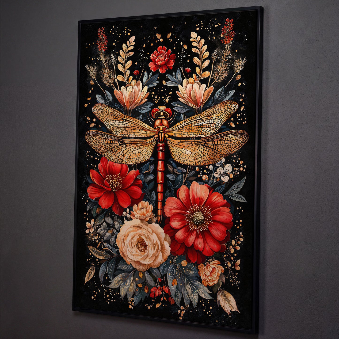 Vibrant Floral and Dragonfly Botanical Canvas shown in black floating frame