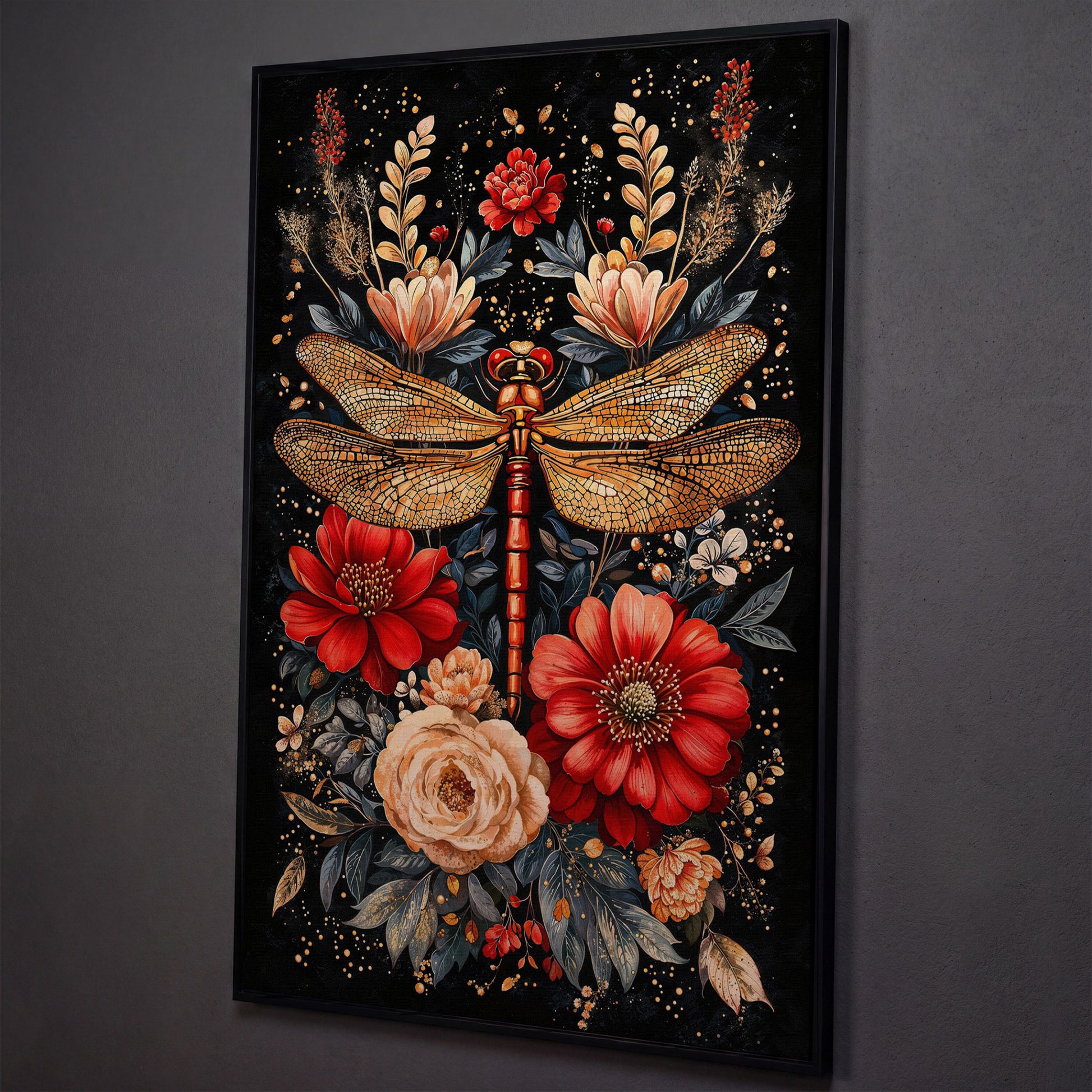 Vibrant Floral and Dragonfly Botanical Canvas shown in black floating frame