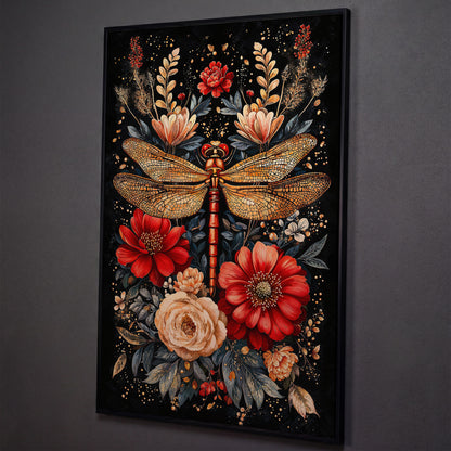 Vibrant Floral and Dragonfly Botanical Canvas shown in black floating frame