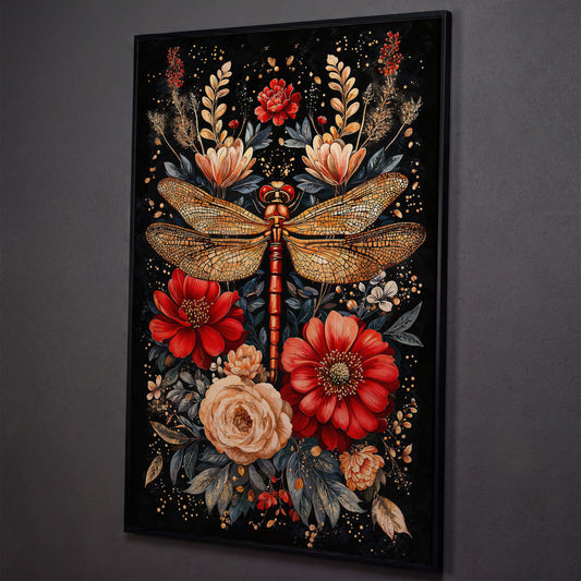 Vibrant Floral and Dragonfly Botanical Canvas shown in black floating frame