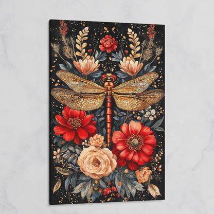 Vibrant Floral and Dragonfly Botanical Canvas on gallery wrap