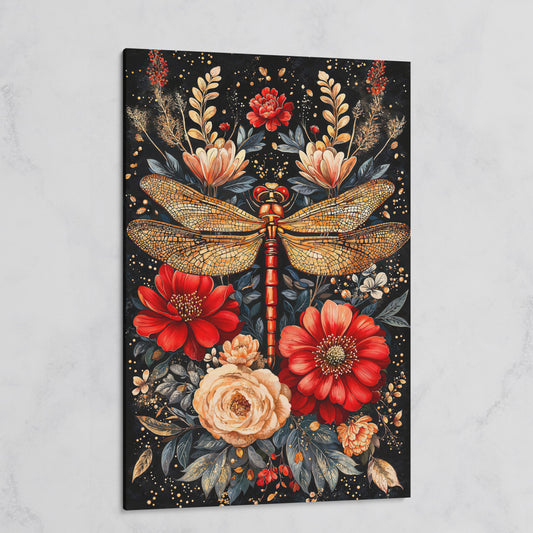 Vibrant Floral and Dragonfly Botanical Canvas on gallery wrap