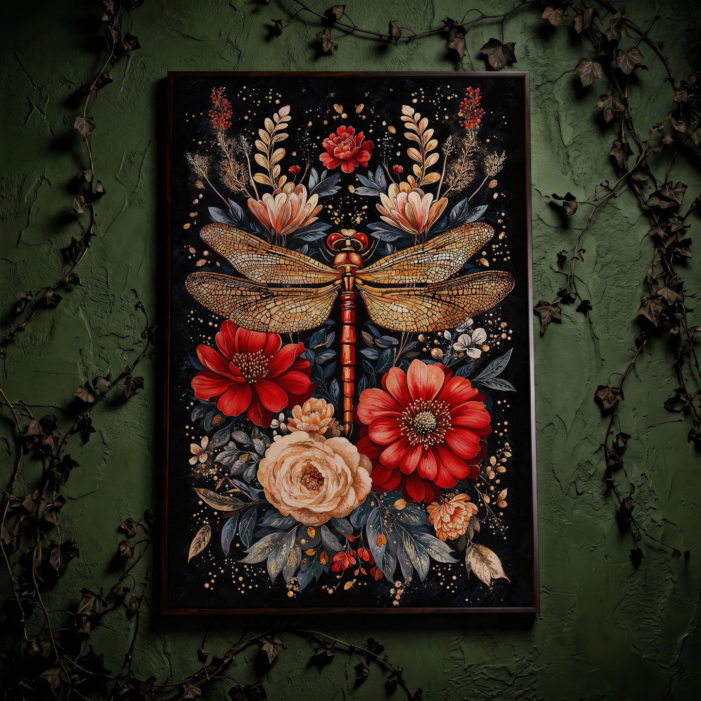 Vibrant Floral and Dragonfly Botanical Canvas in dark walnut floating frame
