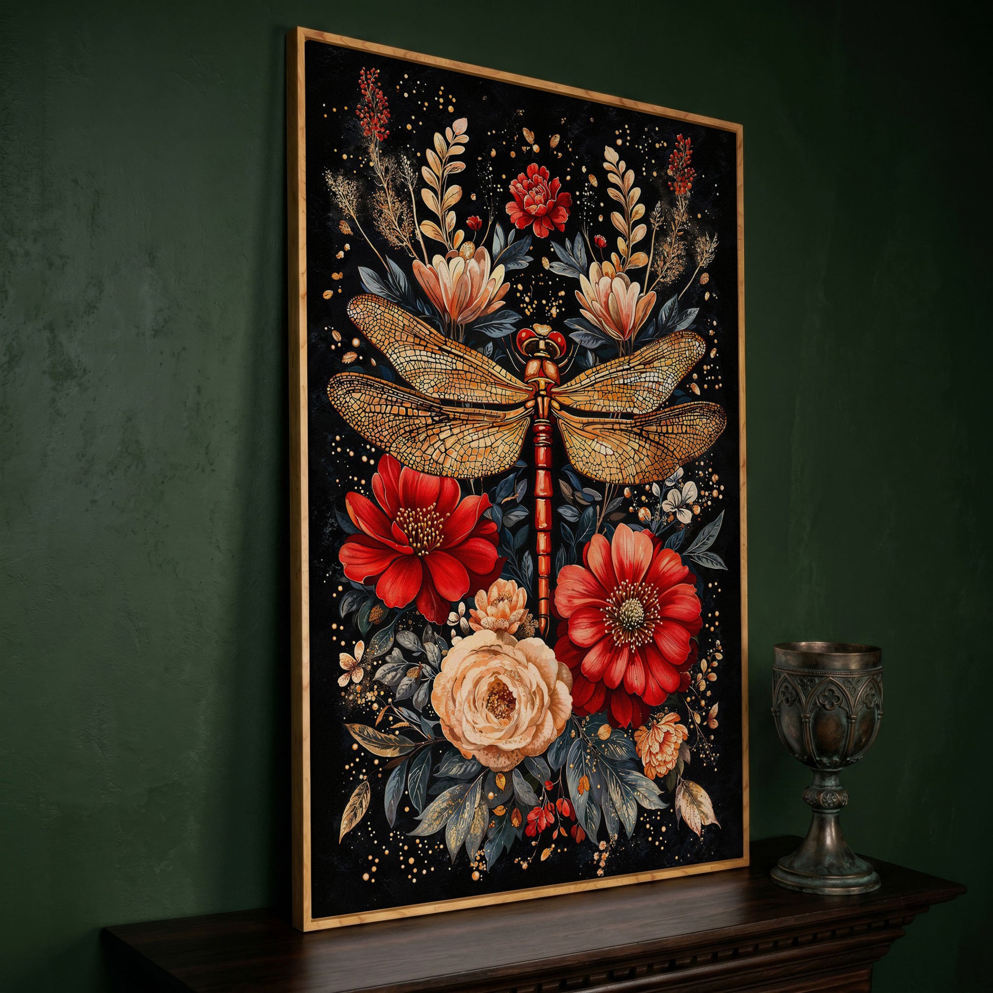 Vibrant Floral and Dragonfly Botanical Canvas in white oak floating frame