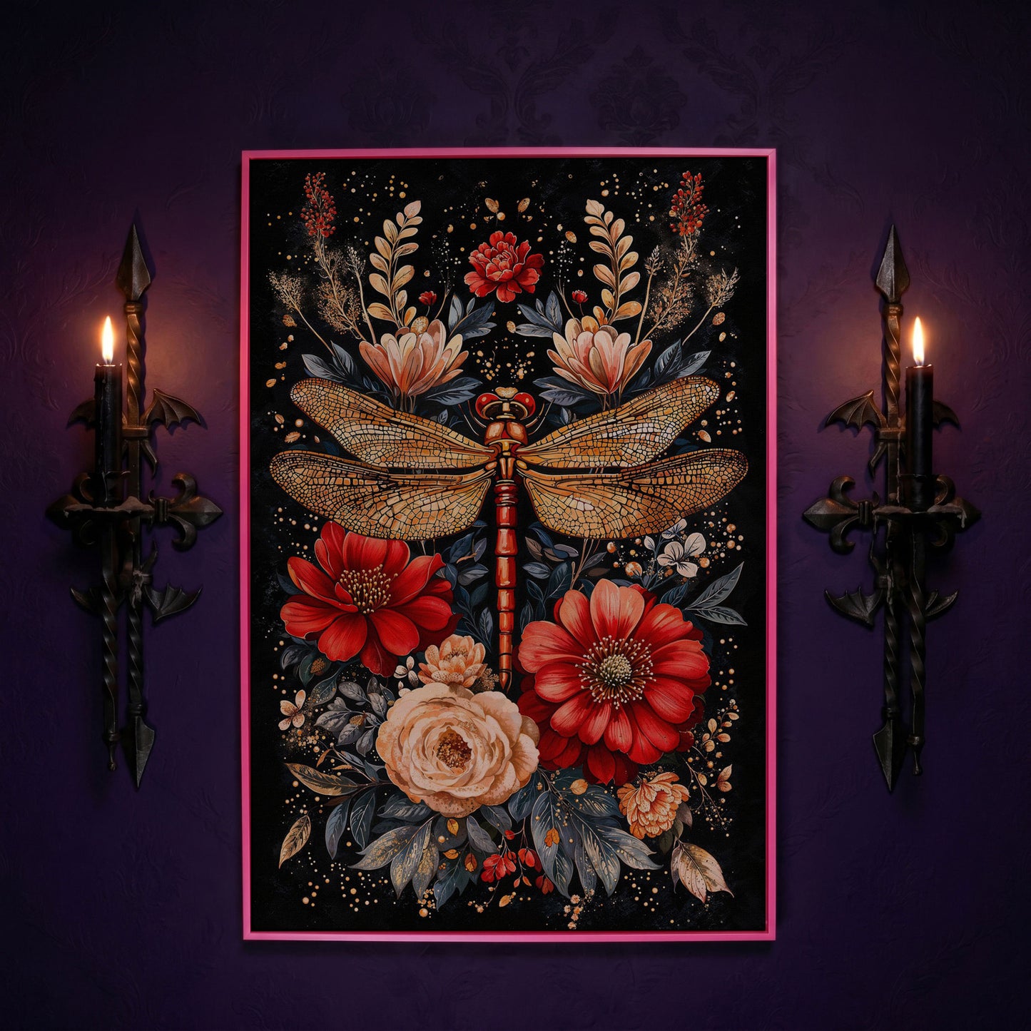 Vibrant Floral and Dragonfly Botanical Canvas in pink floating frame