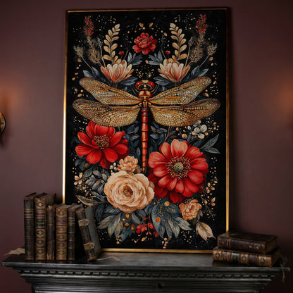 Vibrant Floral and Dragonfly Botanical Canvas in rose gold floating frame