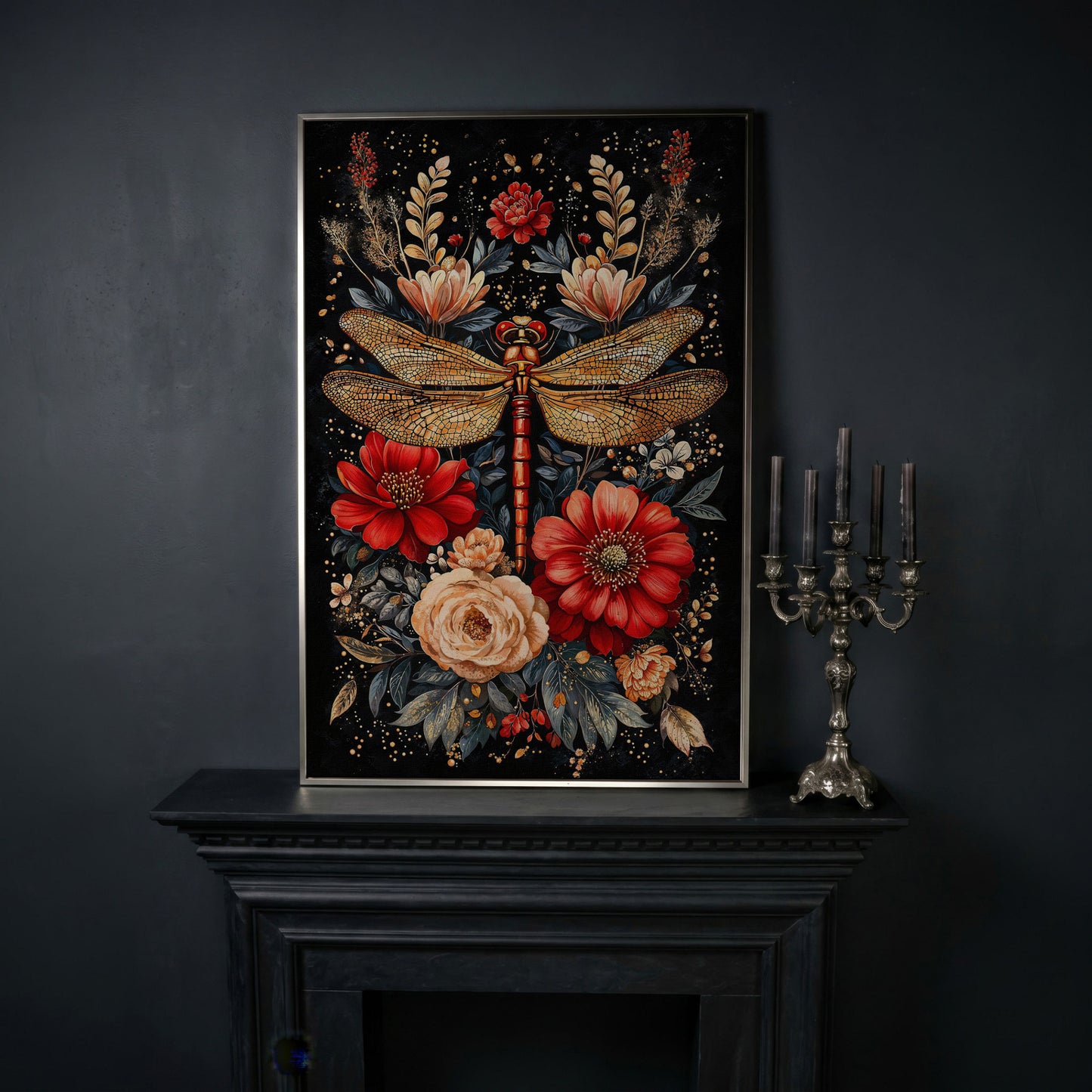Vibrant Floral and Dragonfly Botanical Canvas in silver floating frame