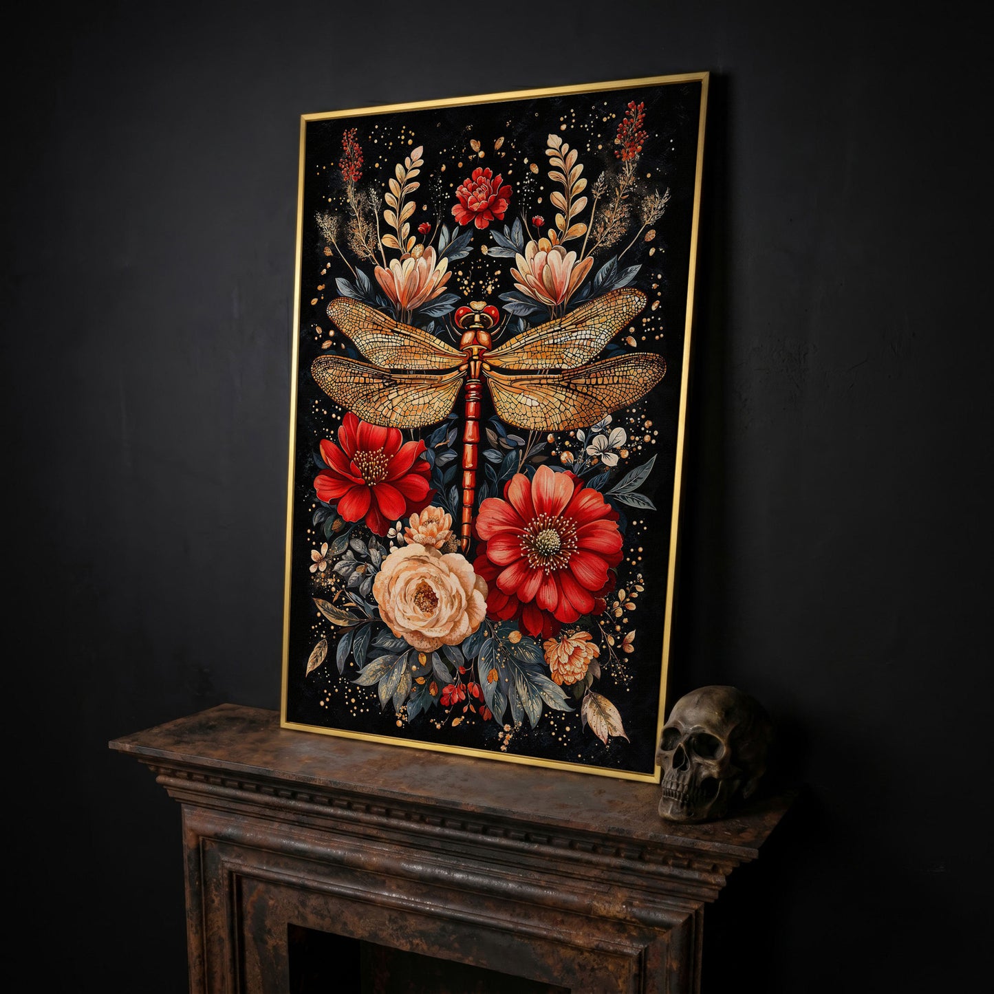 Vibrant Floral and Dragonfly Botanical Canvas in yellow gold floating frame