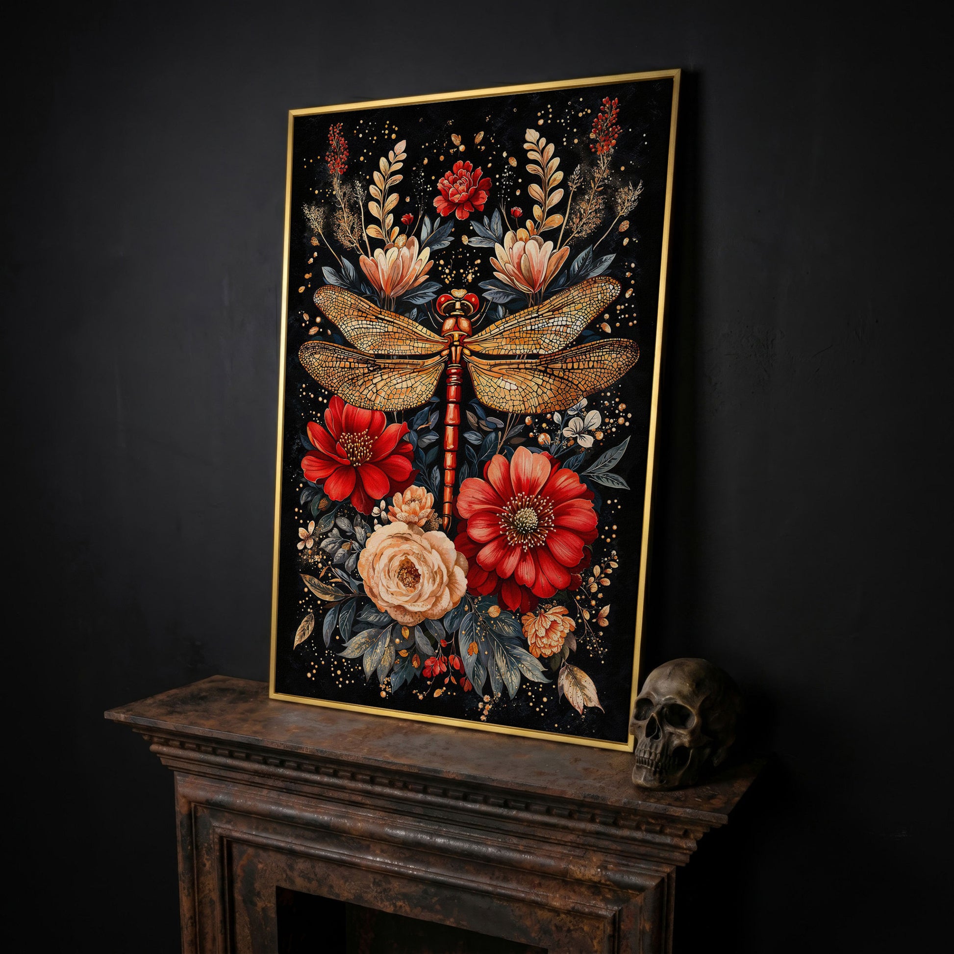 Vibrant Floral and Dragonfly Botanical Canvas in yellow gold floating frame