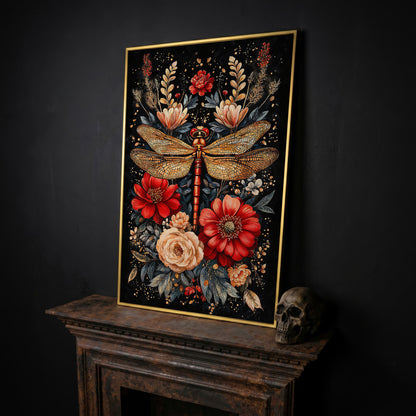 Vibrant Floral and Dragonfly Botanical Canvas in yellow gold floating frame