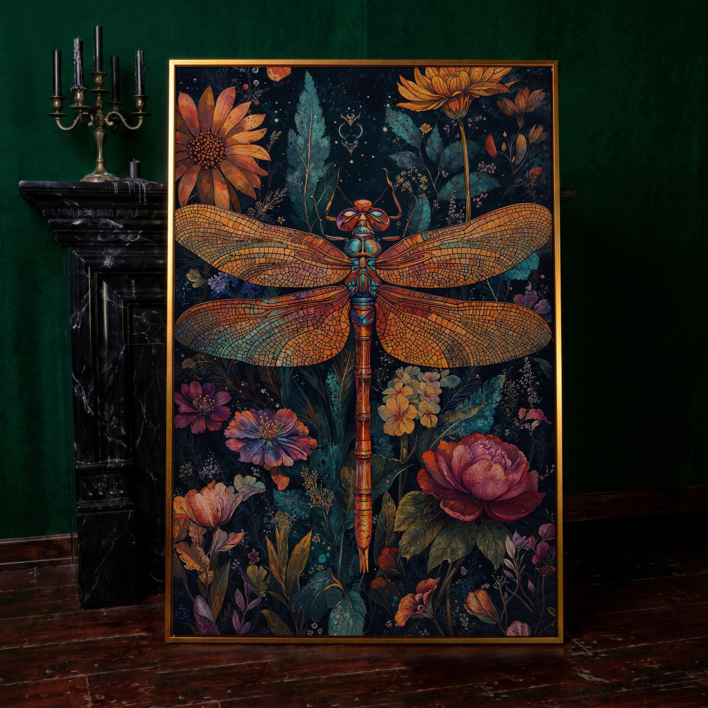 Dragonfly Among Wildflowers Canvas in antique gold floating frame