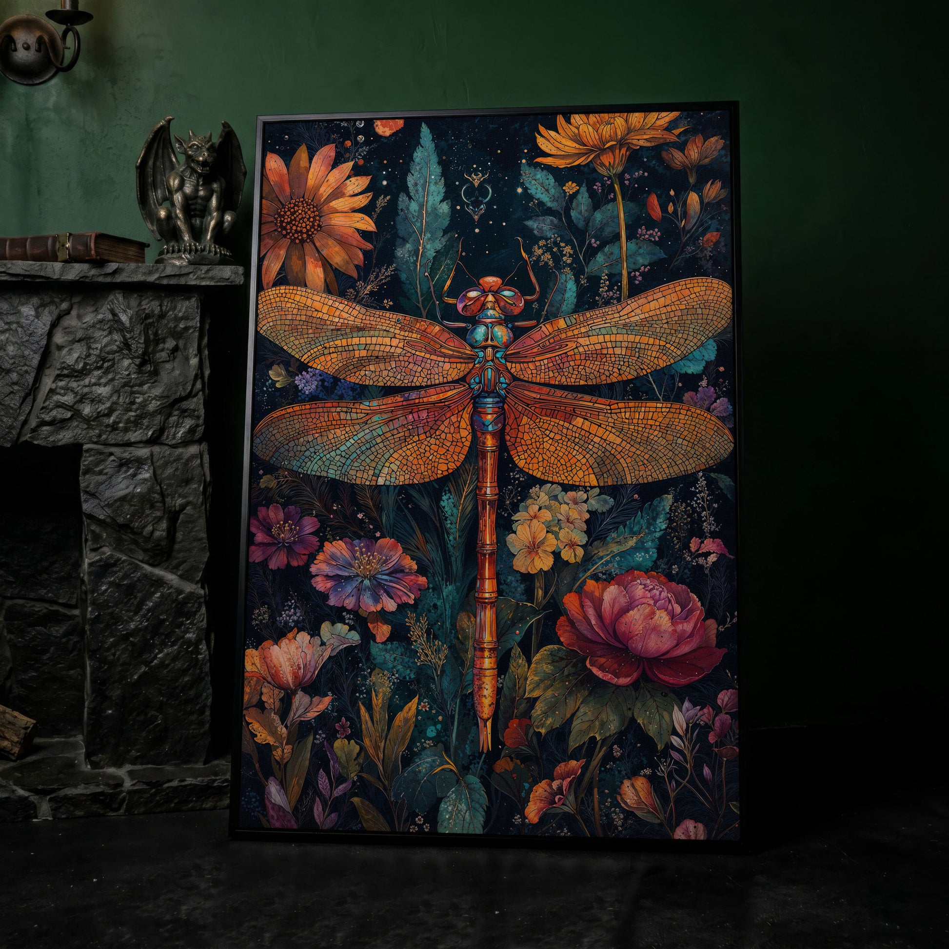 Dragonfly Among Wildflowers Canvas in black floating frame