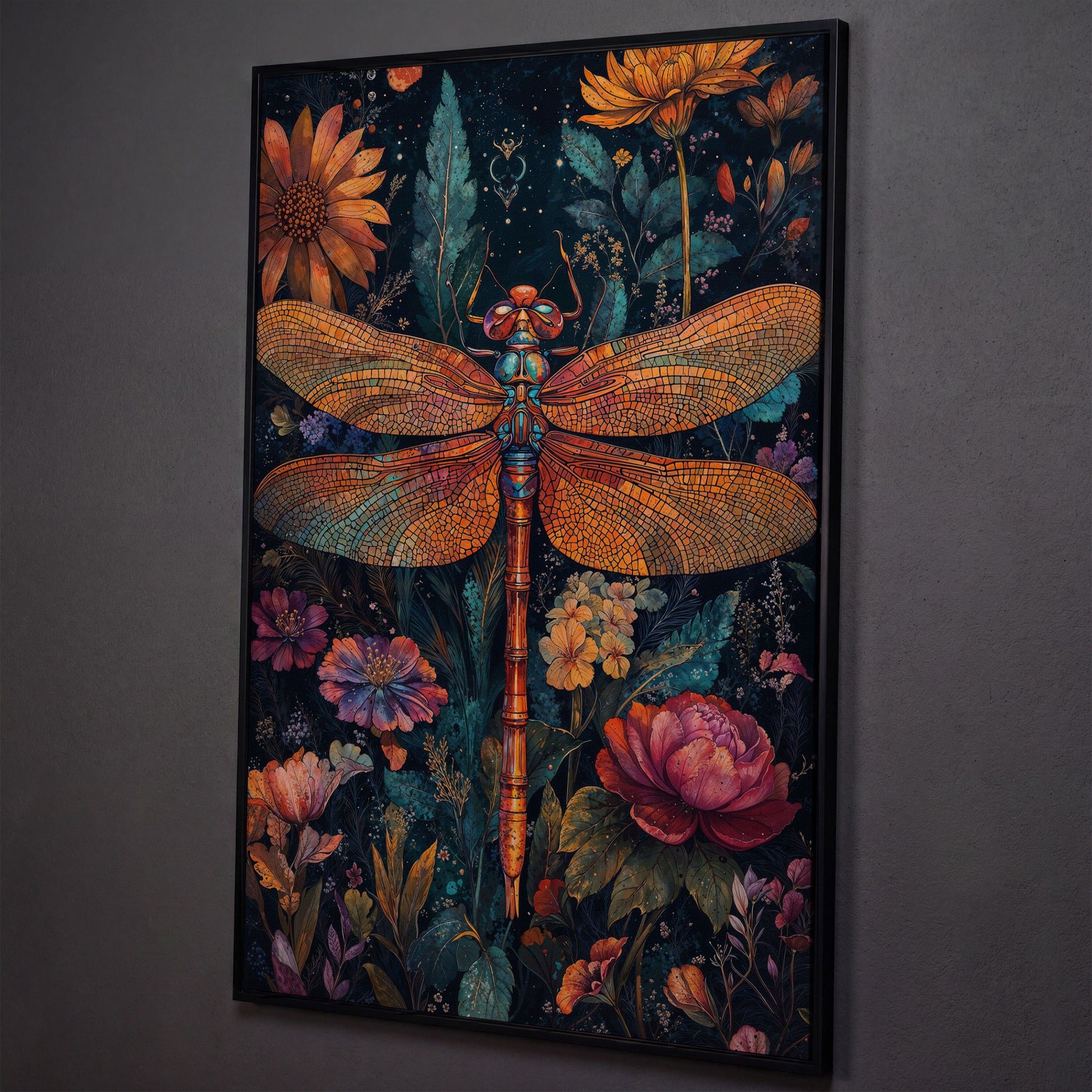 Dragonfly Among Wildflowers Canvas shown in black floating frame
