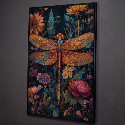 Dragonfly Among Wildflowers Canvas shown in black floating frame