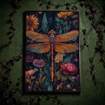 Dragonfly Among Wildflowers Canvas in dark walnut floating frame