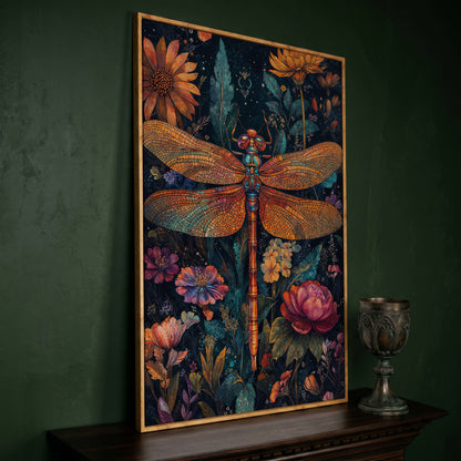 Dragonfly Among Wildflowers Canvas in white oak floating frame