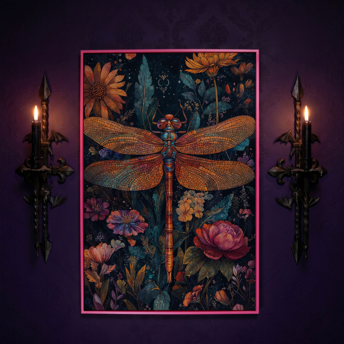 Dragonfly Among Wildflowers Canvas in pink floating frame