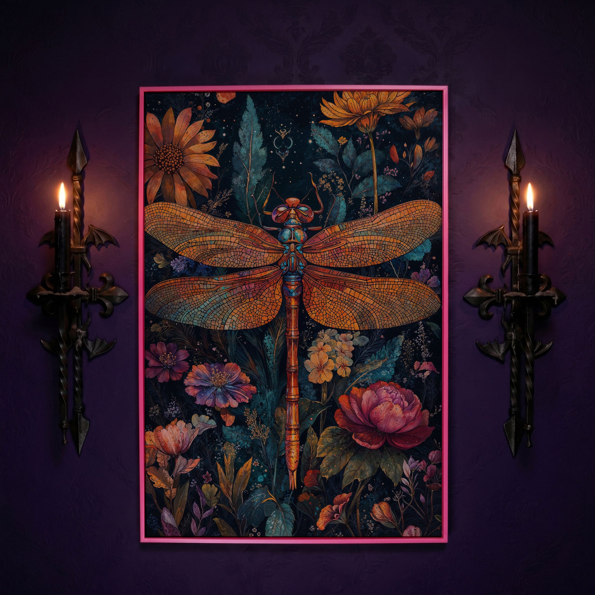 Dragonfly Among Wildflowers Canvas in pink floating frame