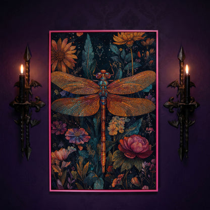 Dragonfly Among Wildflowers Canvas in pink floating frame