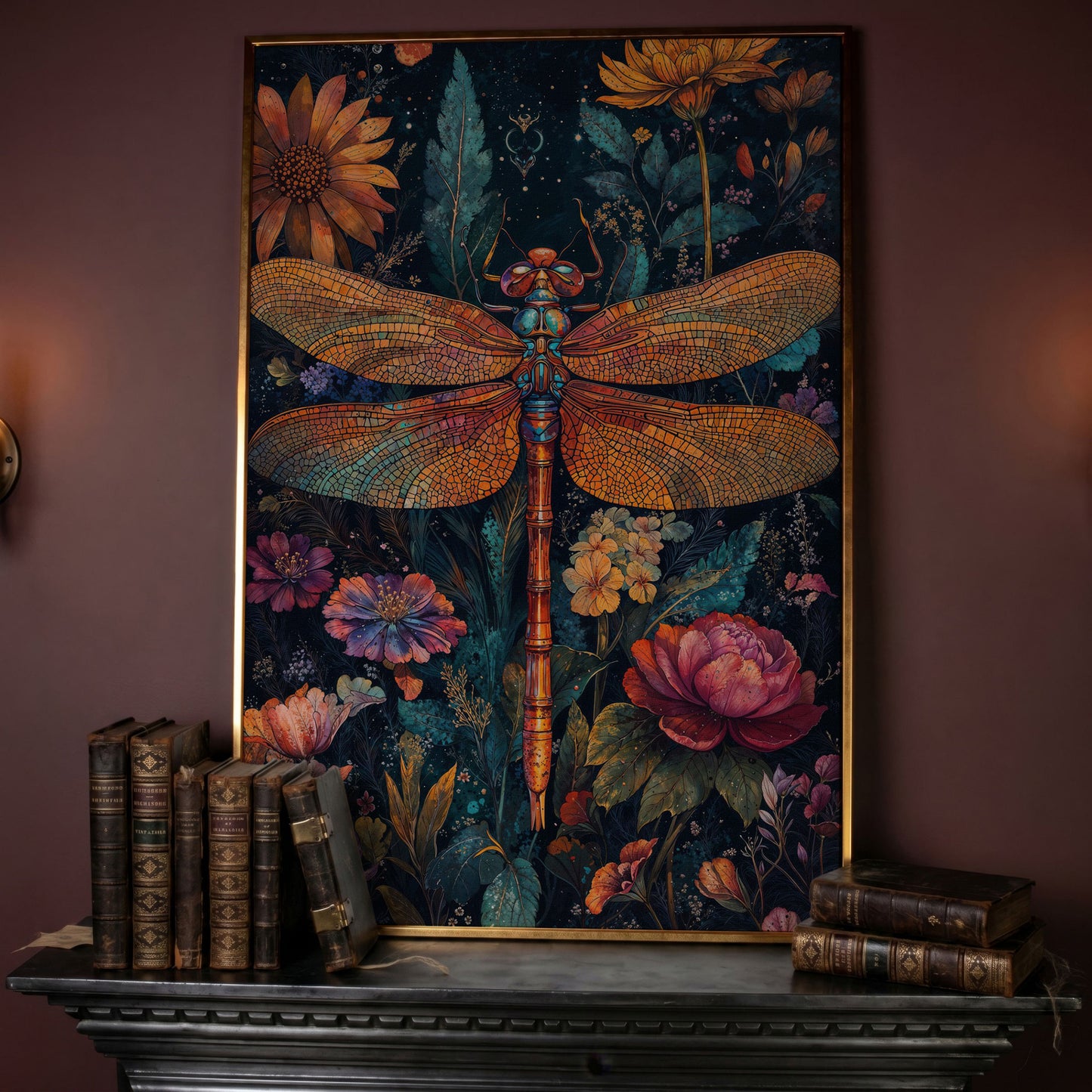 Dragonfly Among Wildflowers Canvas in rose gold floating frame