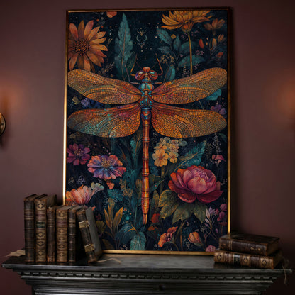 Dragonfly Among Wildflowers Canvas in rose gold floating frame