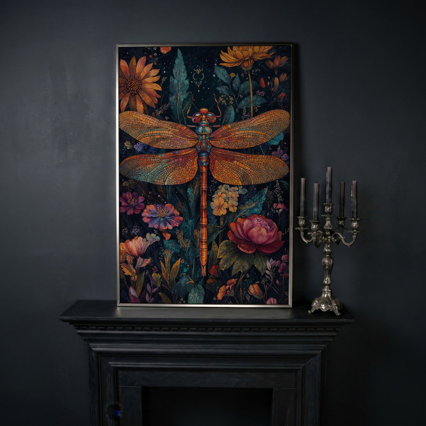 Dragonfly Among Wildflowers Canvas in silver floating frame
