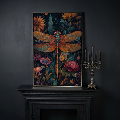 Dragonfly Among Wildflowers Canvas in silver floating frame