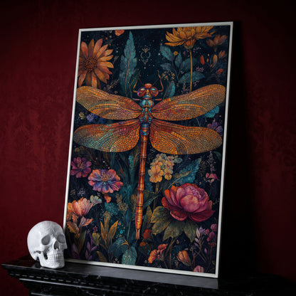 Dragonfly Among Wildflowers Canvas in white floating frame
