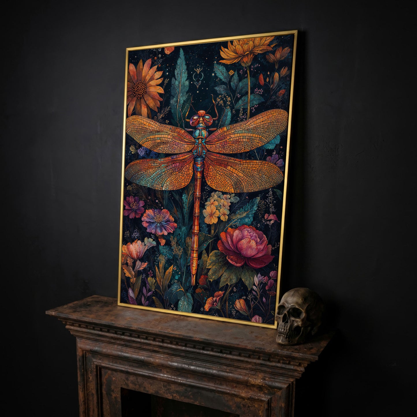 Dragonfly Among Wildflowers Canvas in yellow gold floating frame