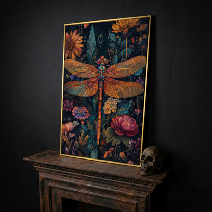 Dragonfly Among Wildflowers Canvas in yellow gold floating frame