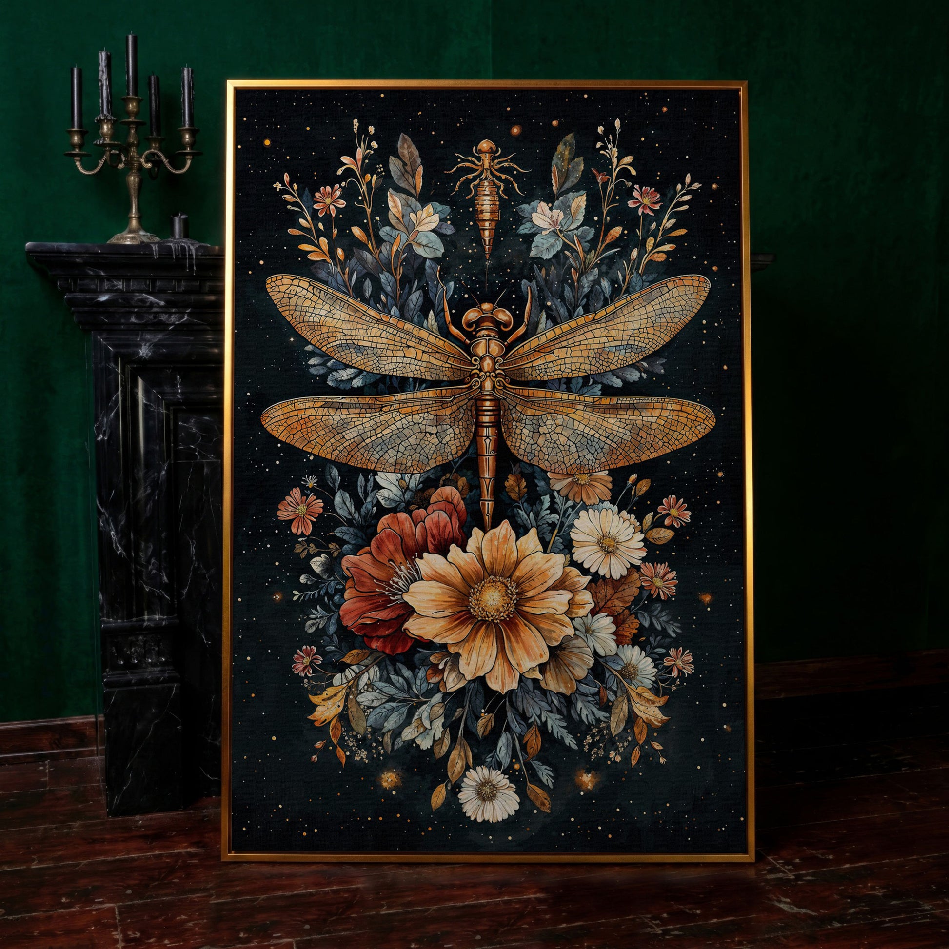 Vintage Botanical Dragonfly Canvas in antique gold floating frame
