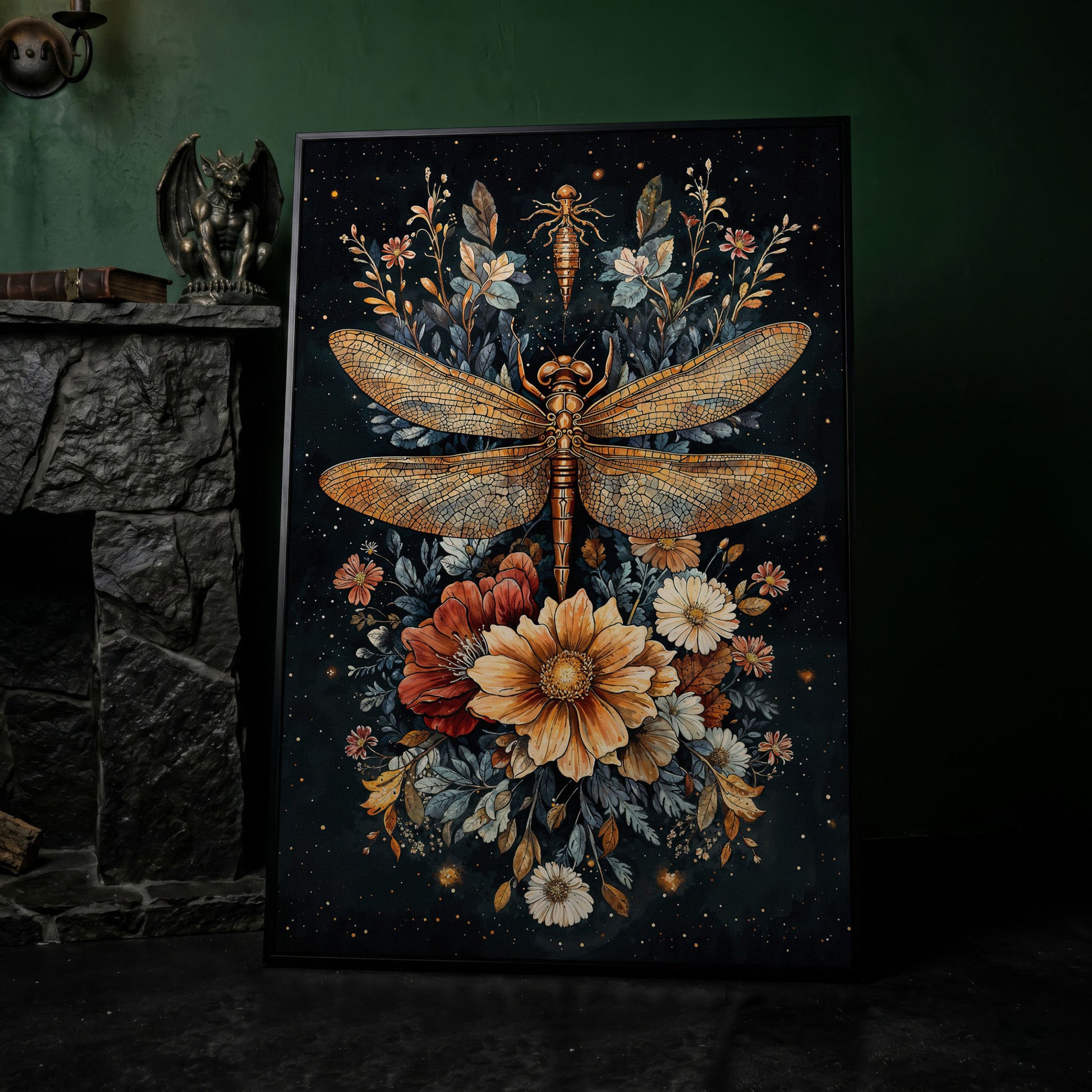 Vintage Botanical Dragonfly Canvas in black floating frame