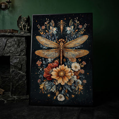 Vintage Botanical Dragonfly Canvas in black floating frame