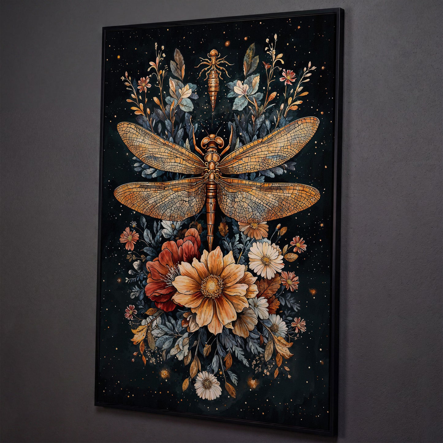 Vintage Botanical Dragonfly Canvas shown in black floating frame