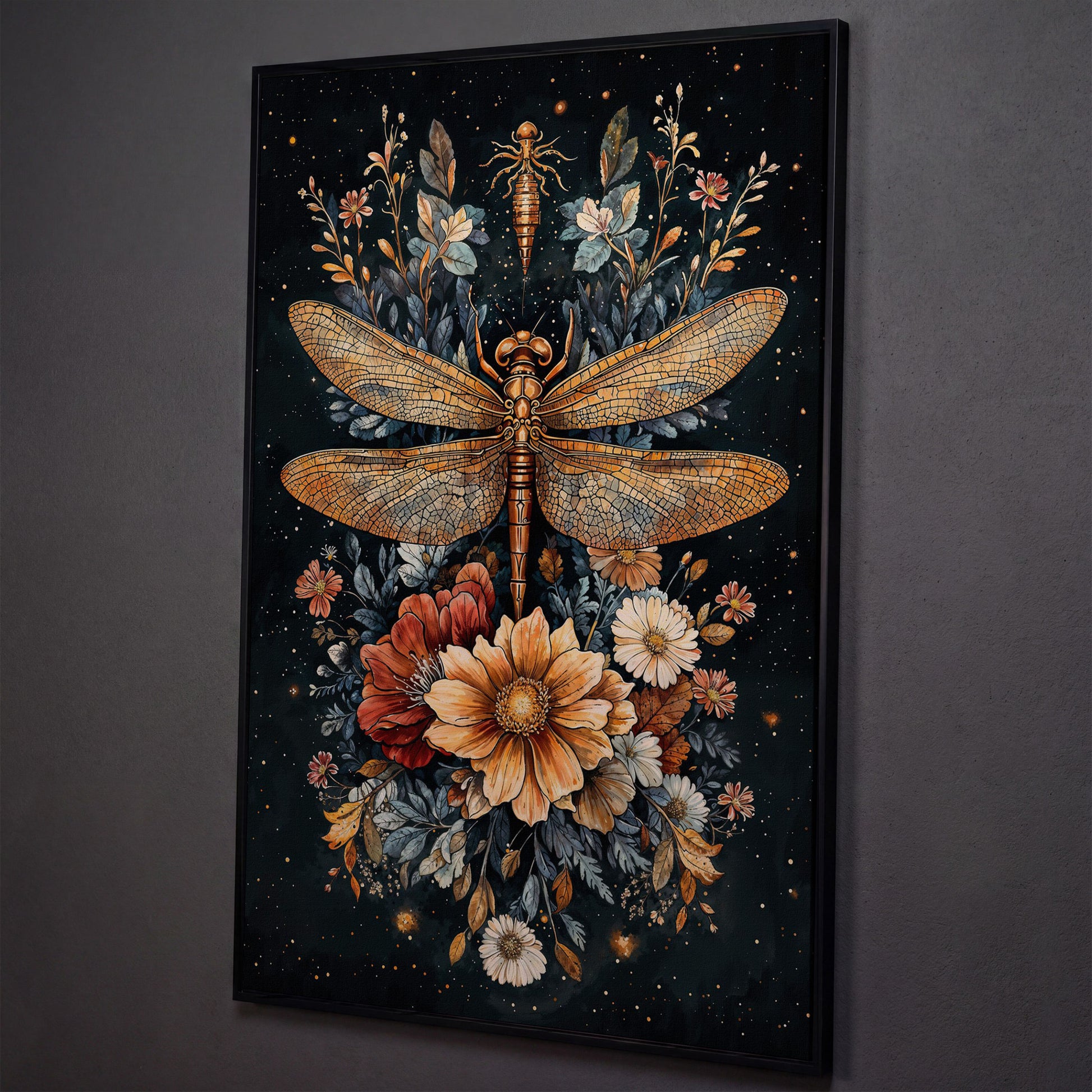 Vintage Botanical Dragonfly Canvas shown in black floating frame