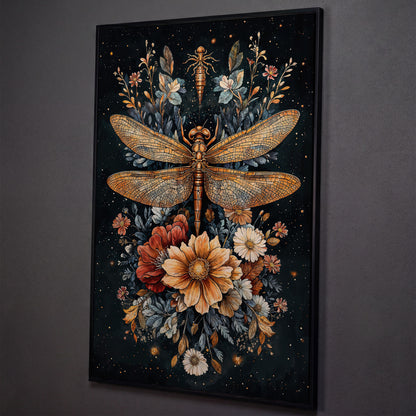 Vintage Botanical Dragonfly Canvas shown in black floating frame