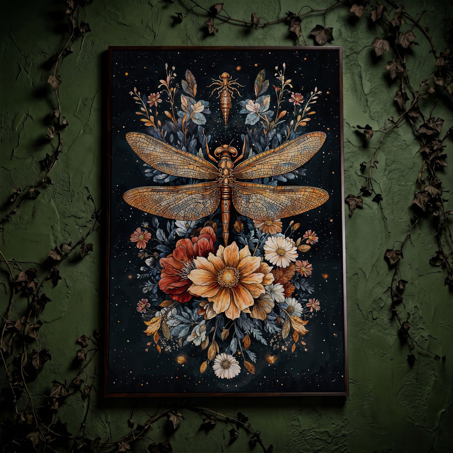 Vintage Botanical Dragonfly Canvas in dark walnut floating frame
